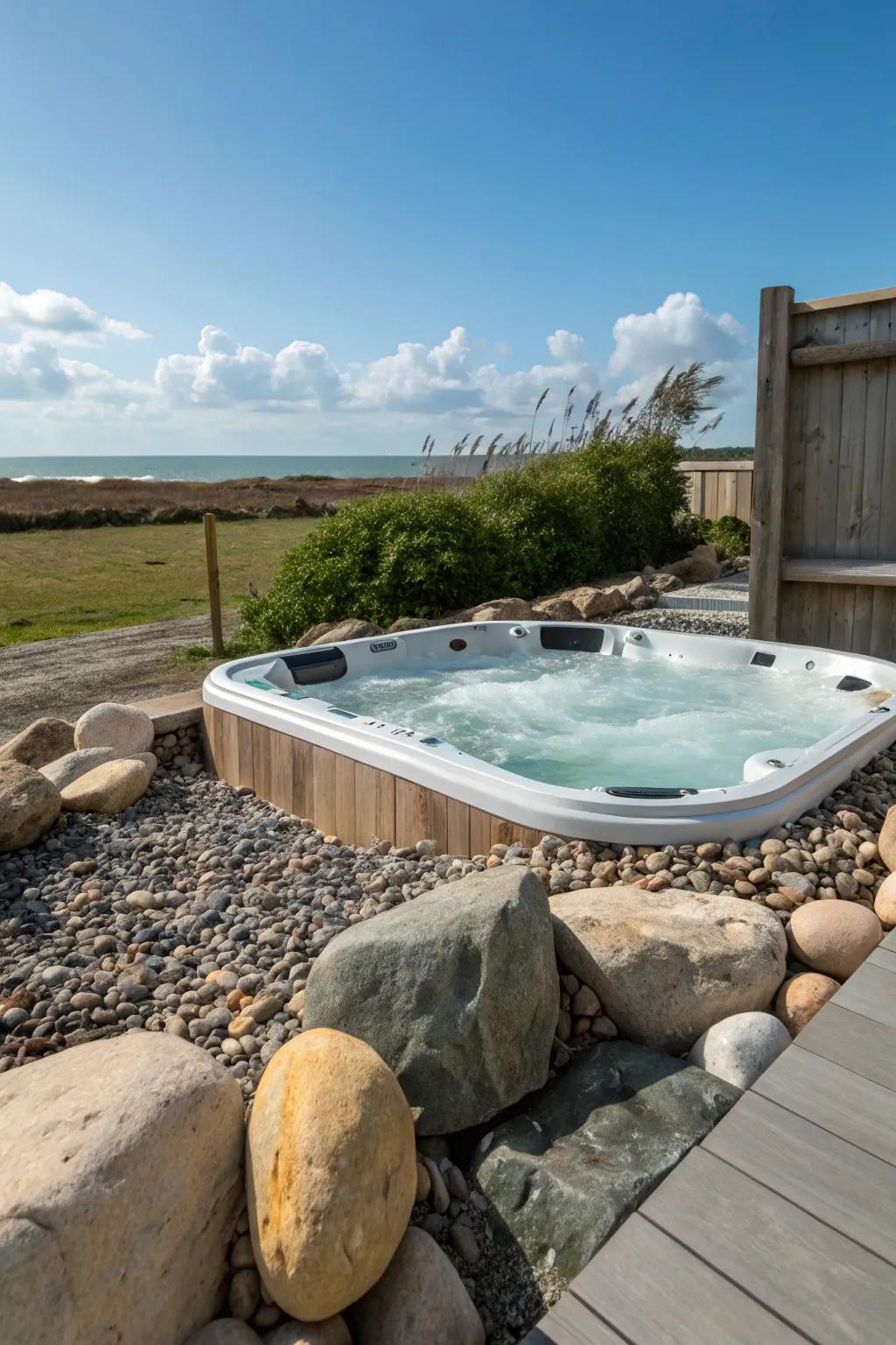 Rocks create a peaceful and harmonious hot tub setting.