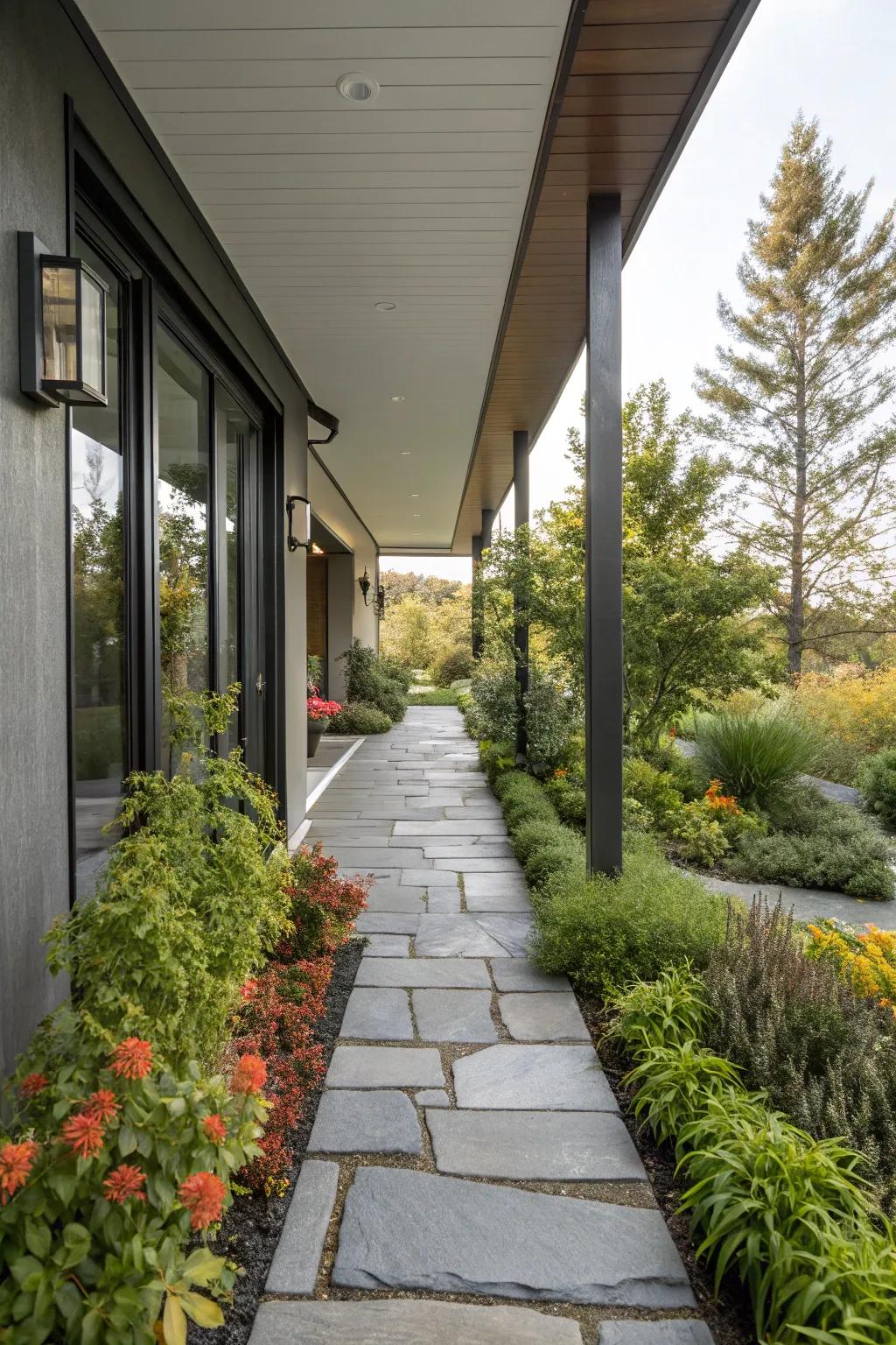 A welcoming pathway lined with plants leads to this contemporary porch.