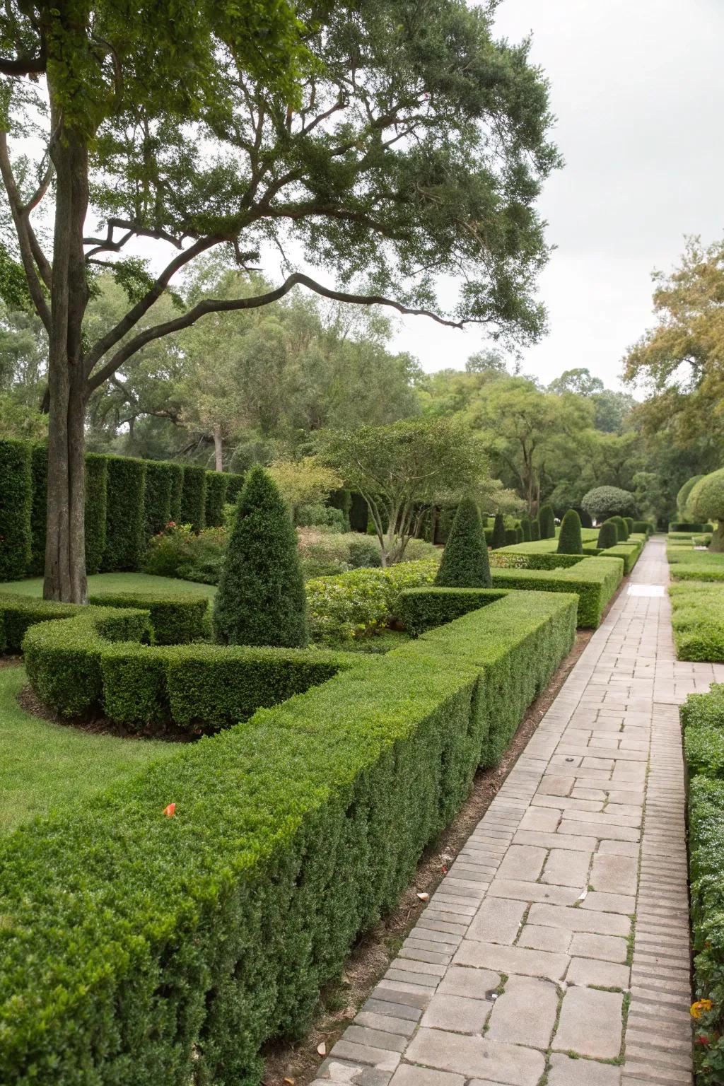 Manicured hedges create privacy and elegance.