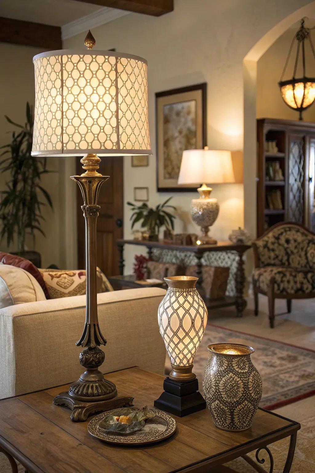 A well-lit living room with a variety of lighting options.