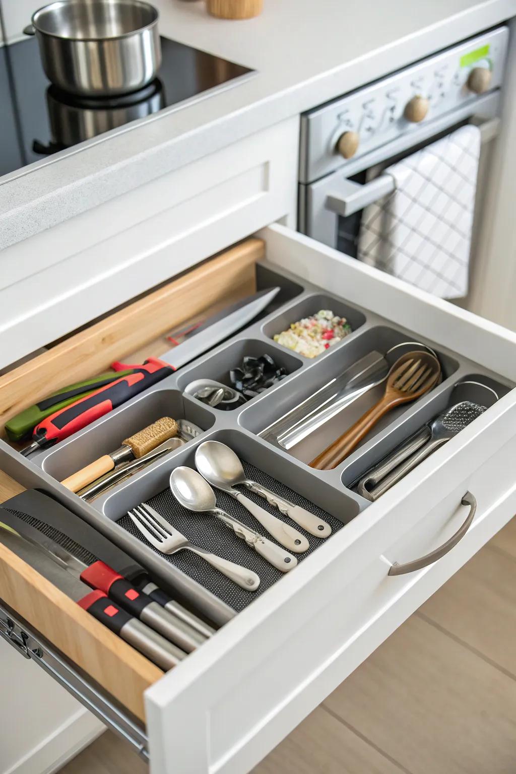 Drawer inserts for an organized kitchen.