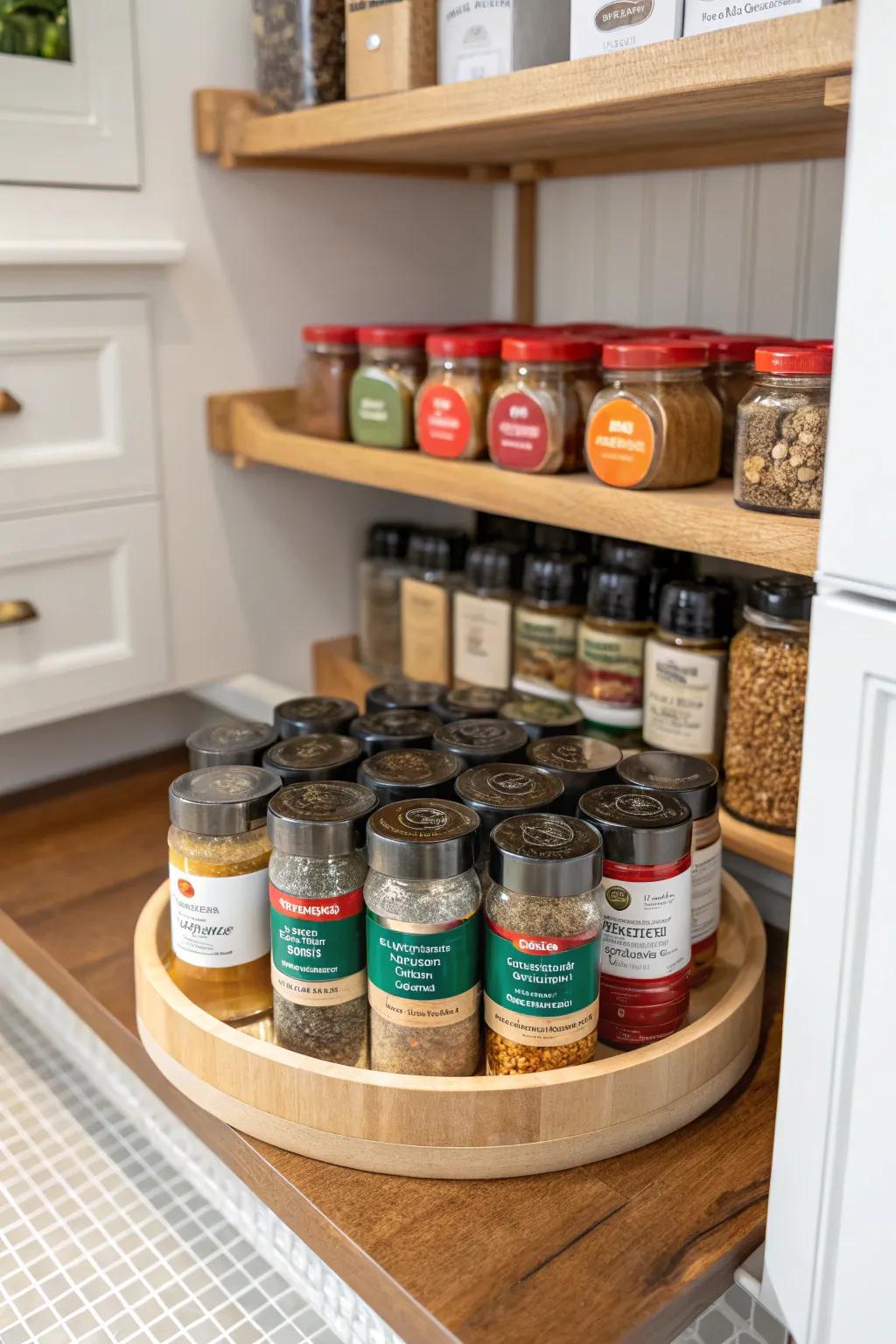 A rotating tray makes accessing seasonings in pantry spots effortless.