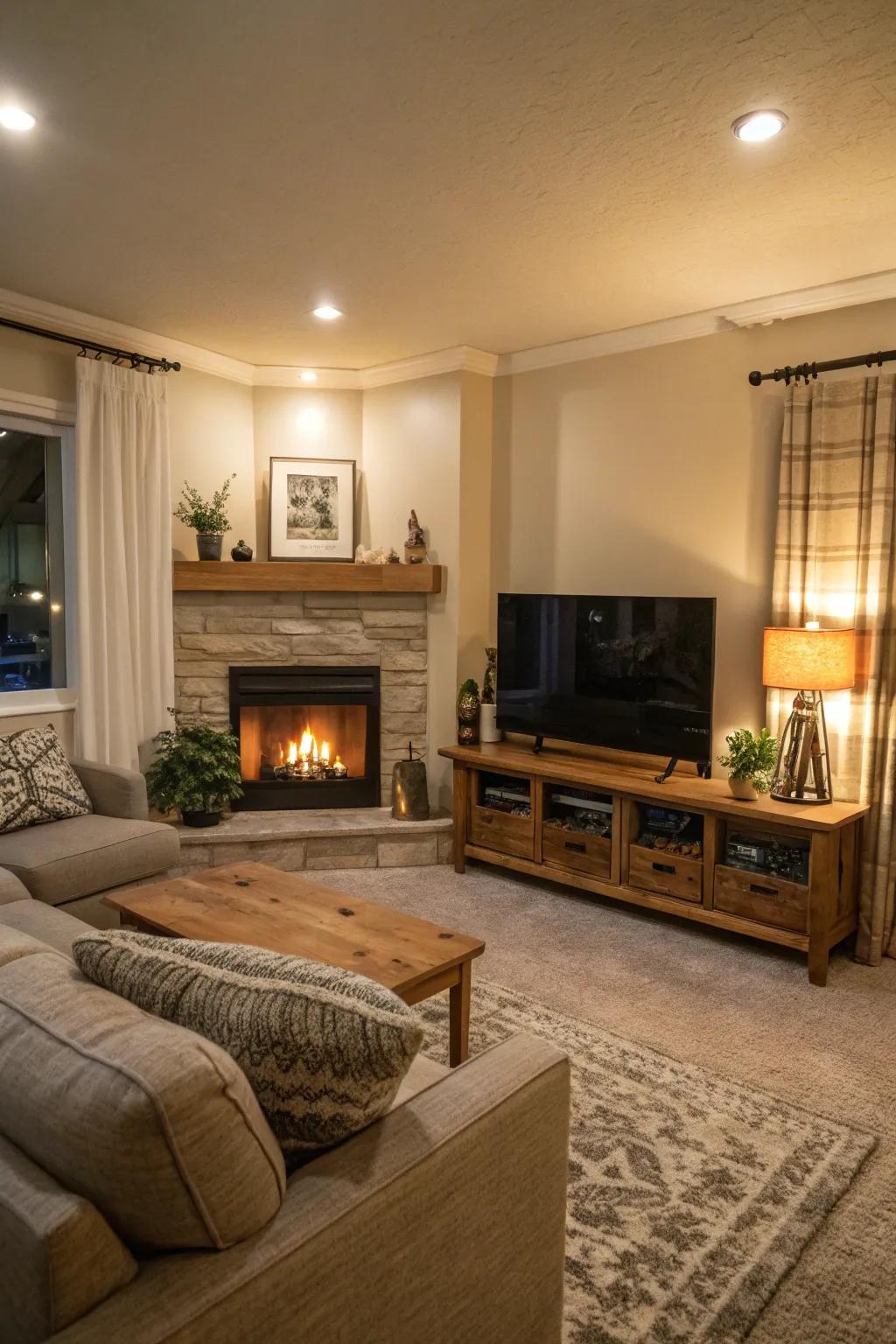 A fireplace under the TV creates a warm and inviting focal point.