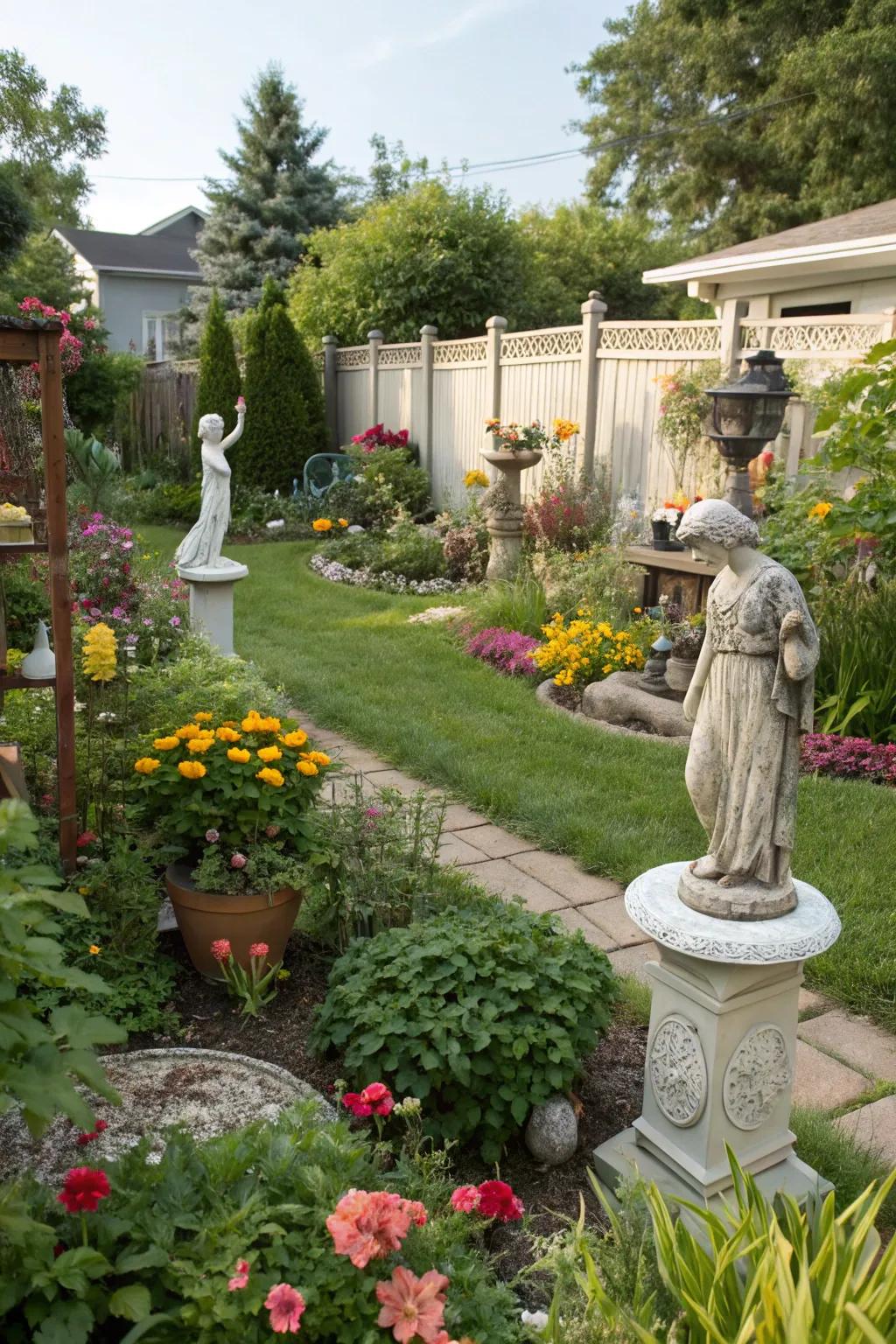 Garden decorations like statues infuse persona into your space.