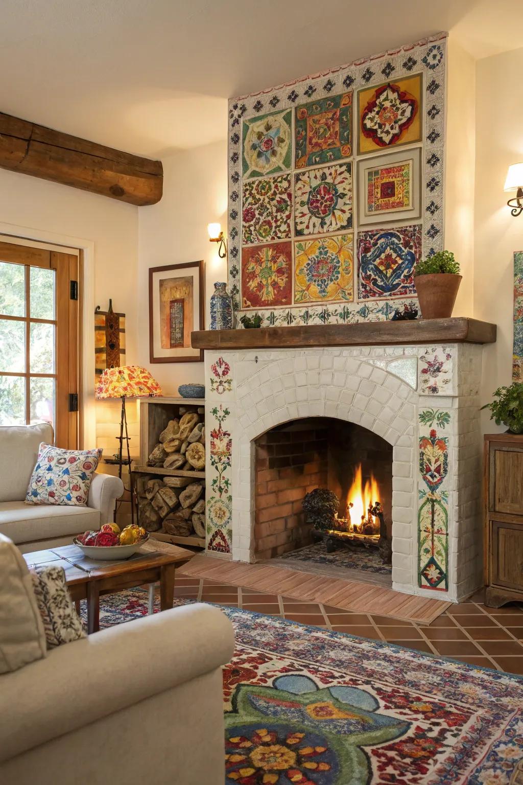 A family room fireplace enclosed by vibrant, artisan tiles for a varied appearance.