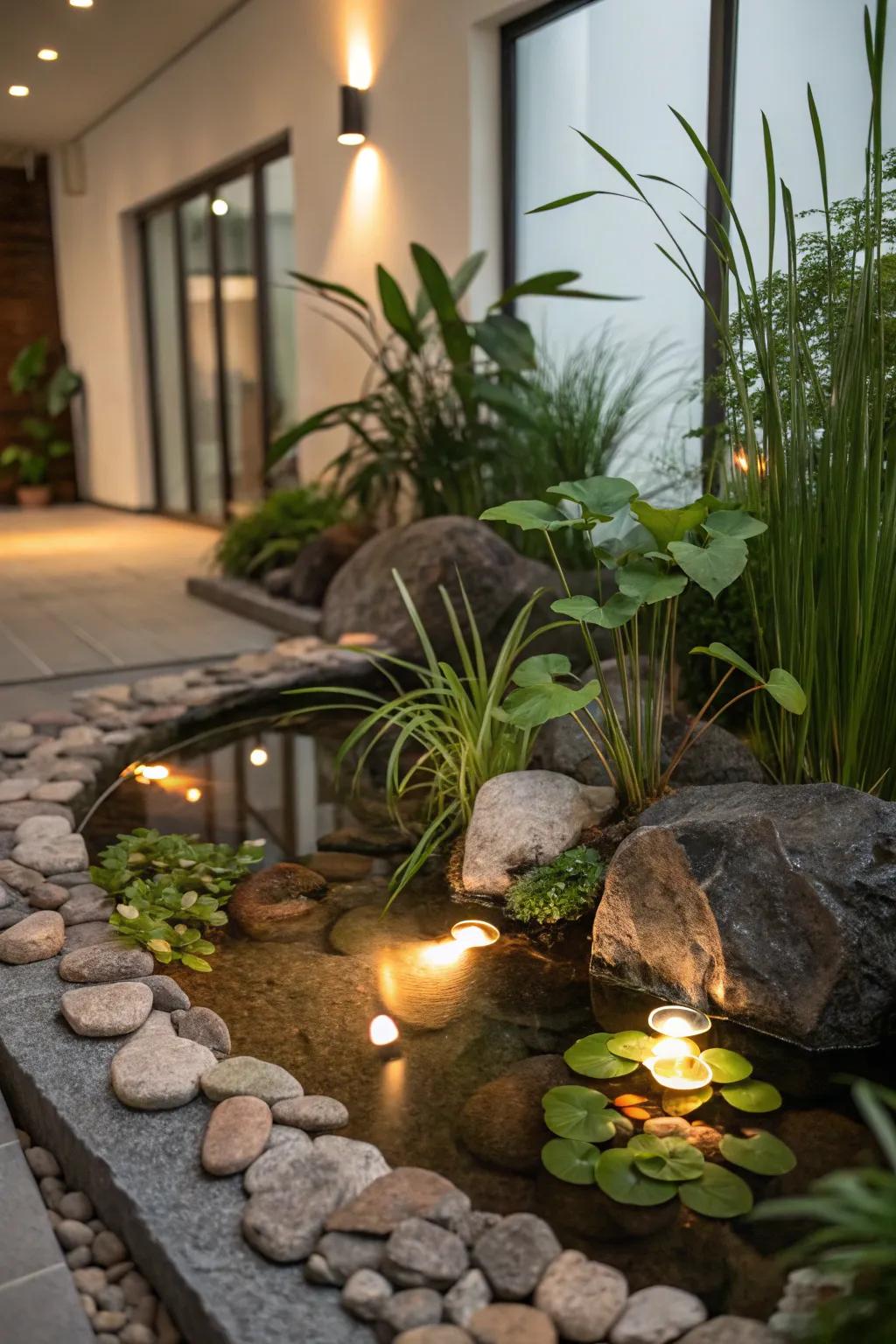 Emotional lighting imparts a magical element to interior ponds.