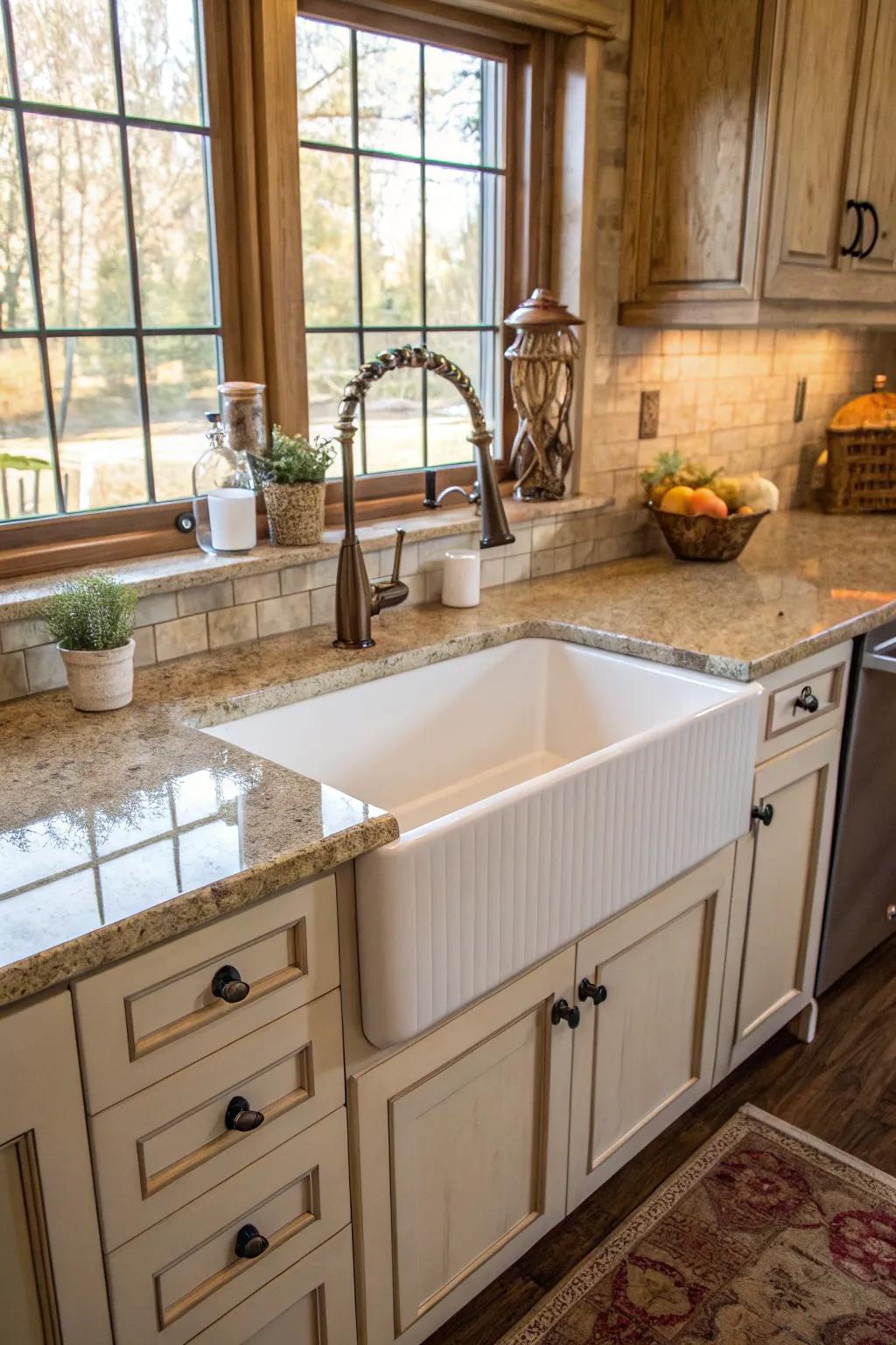A deep farmhouse sink serves as a stylish focal point.