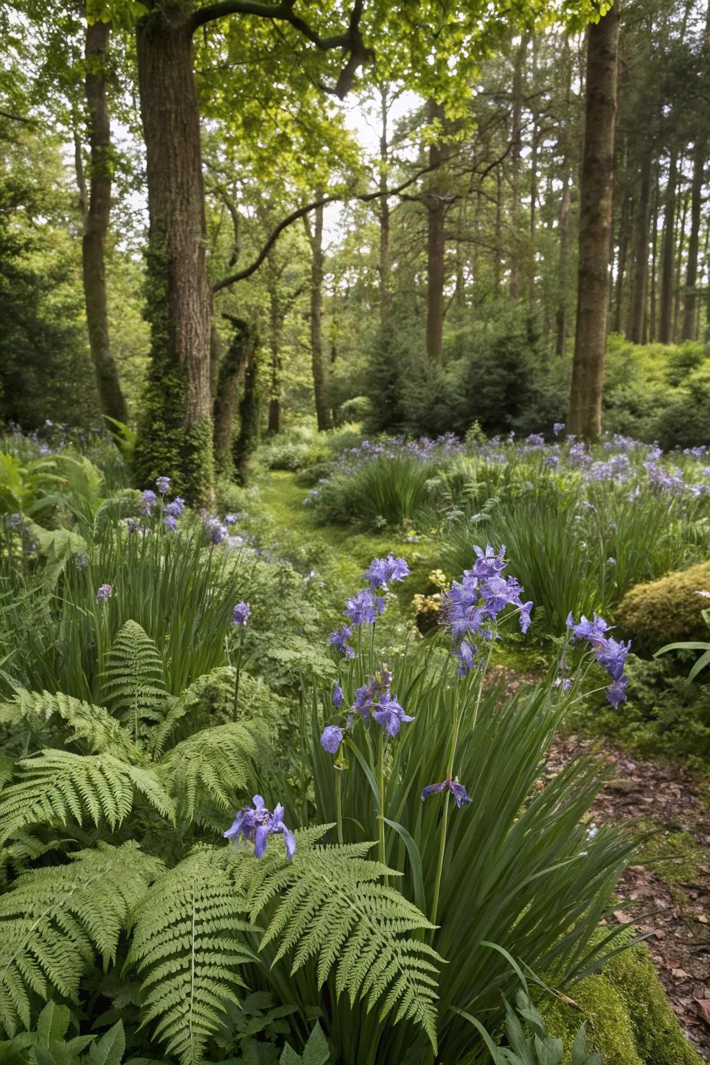 A woodland garden with irises creating a magical, hidden retreat.
