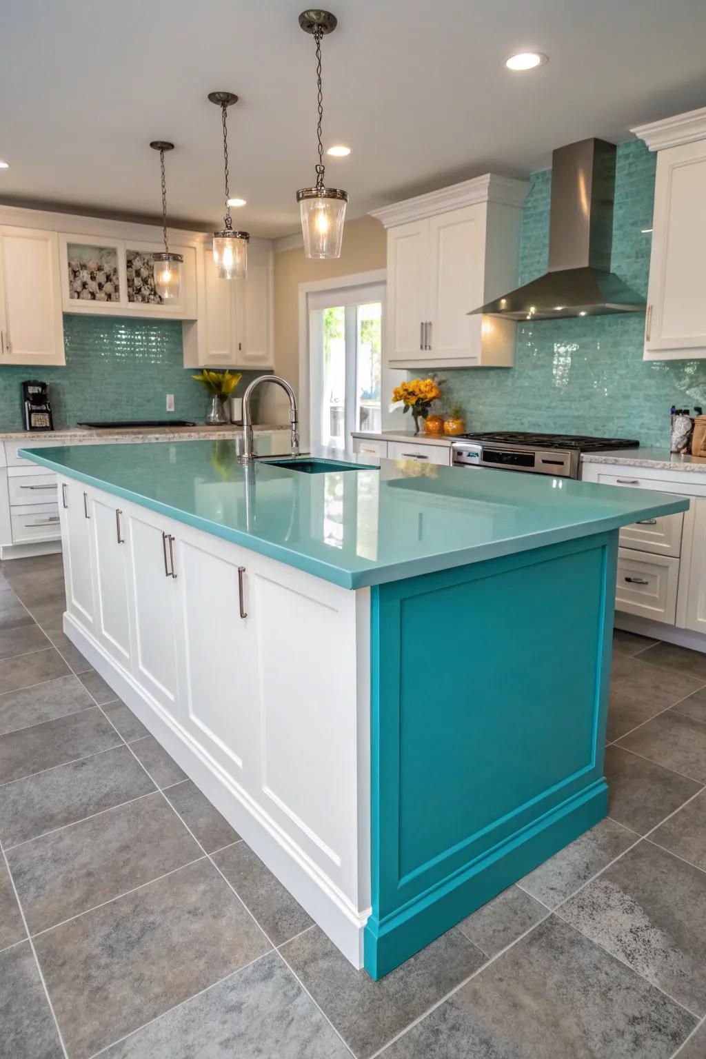 A vividly colored countertop introduces an infusion of energy and charm, instantly transforming the kitchen's ambiance.