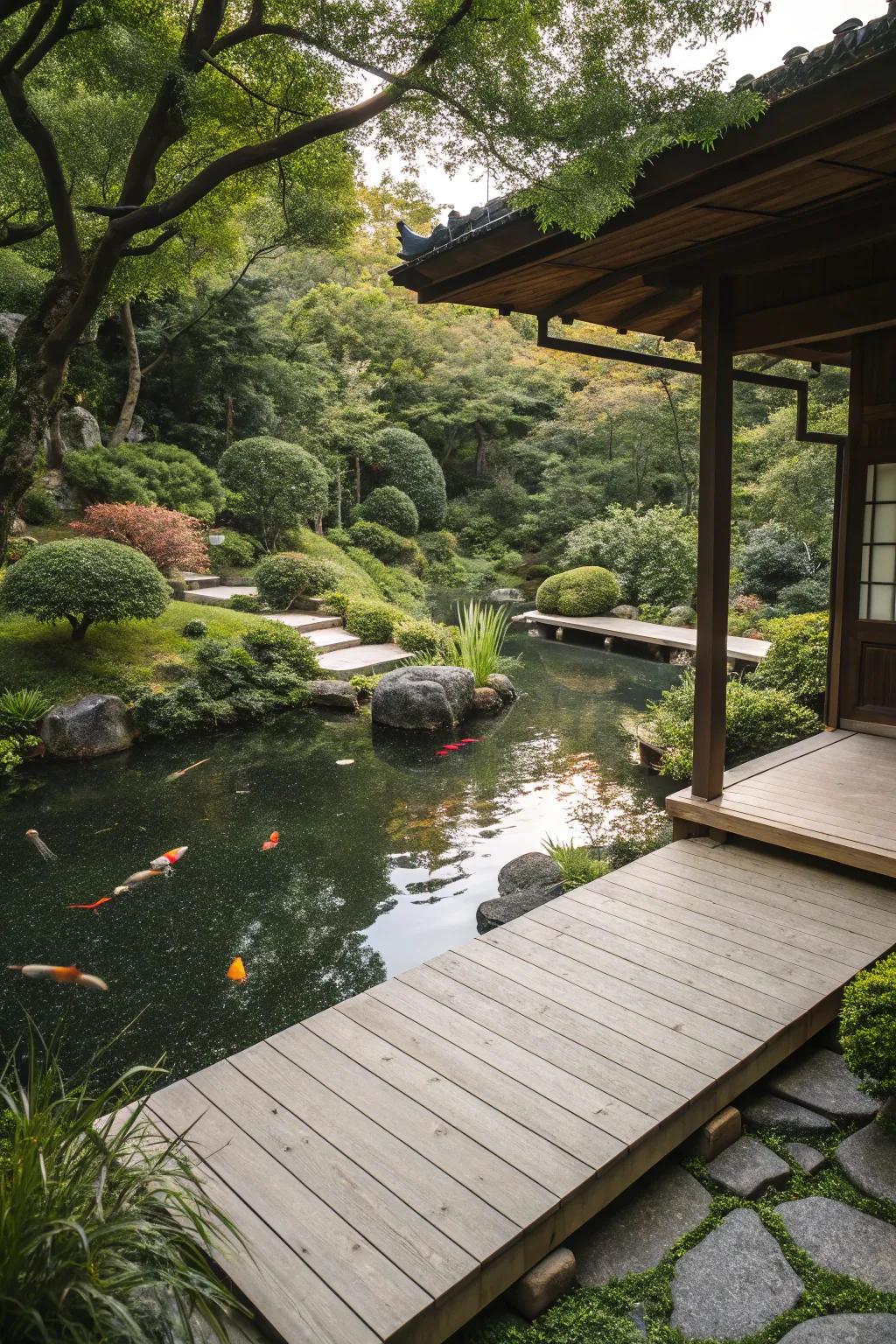 A wood deck offering a peaceful viewing point in a Japanese garden.