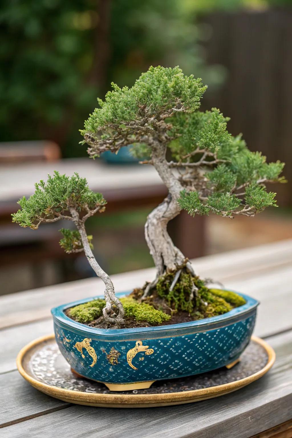 A double trunk juniper bonsai symbolizing unity on a decorative clay plate.