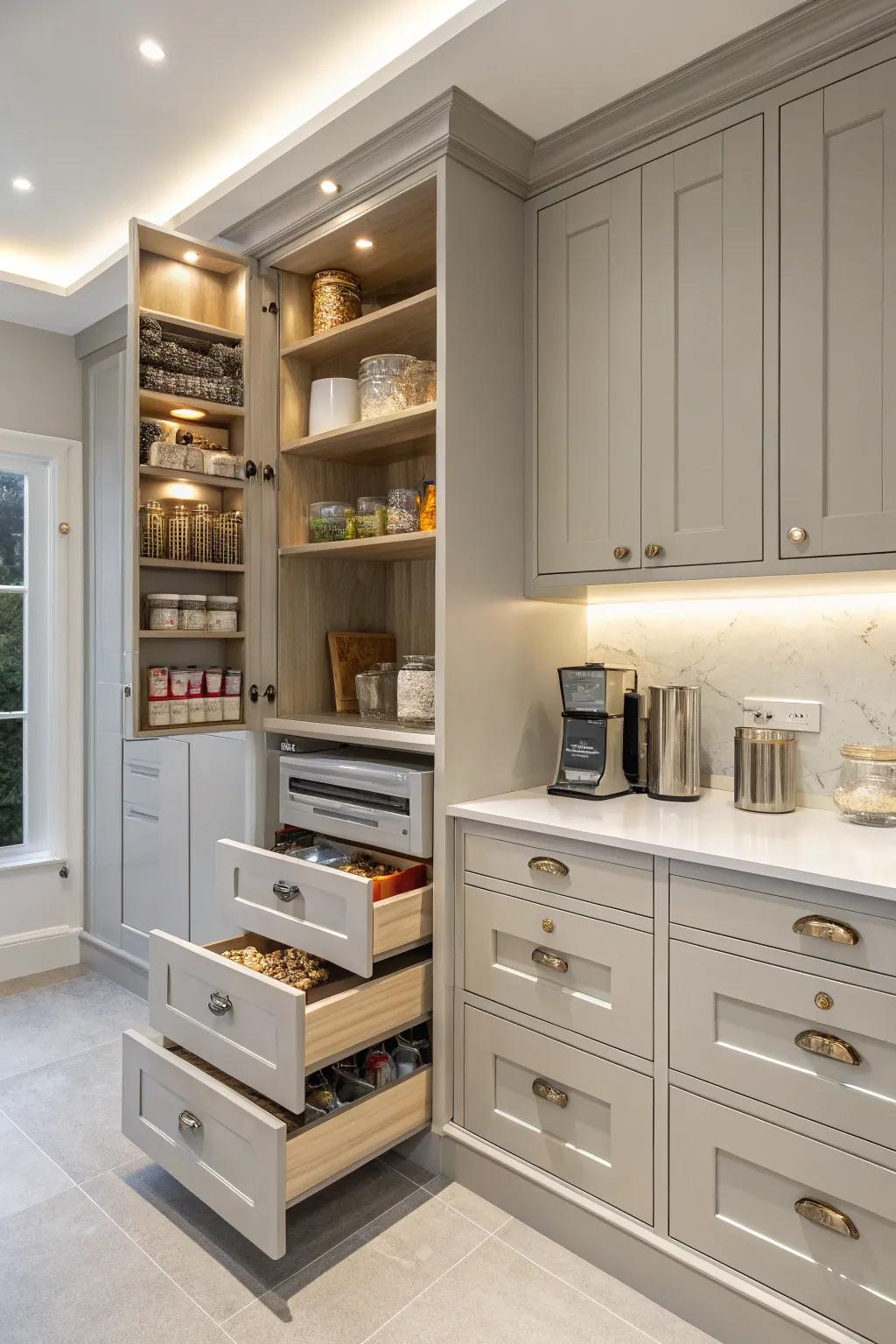 Innovative cabinetry makes the most of this kitchen alcove's storage potential.