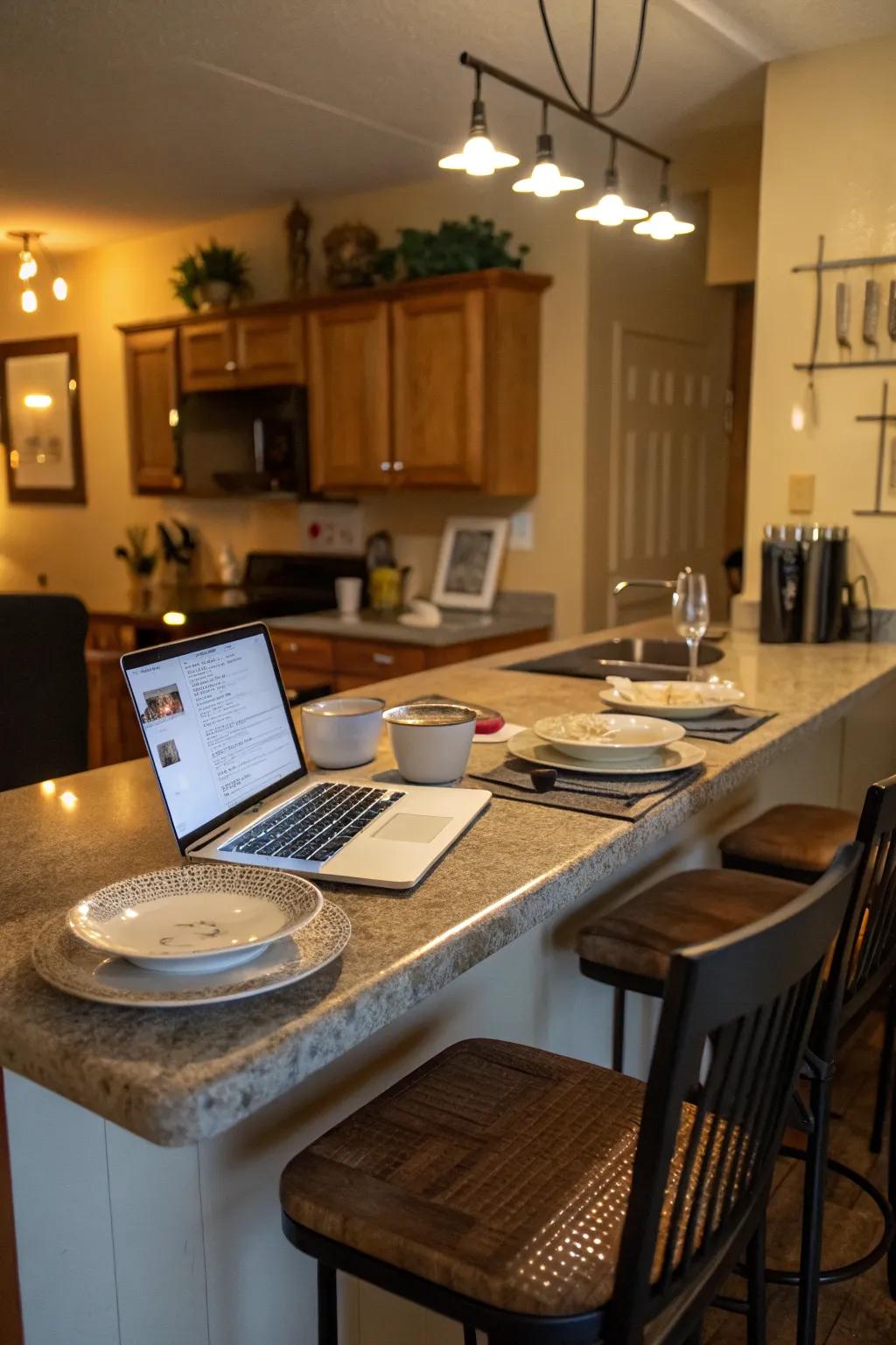 A multifunctional bar counter for dining and work.