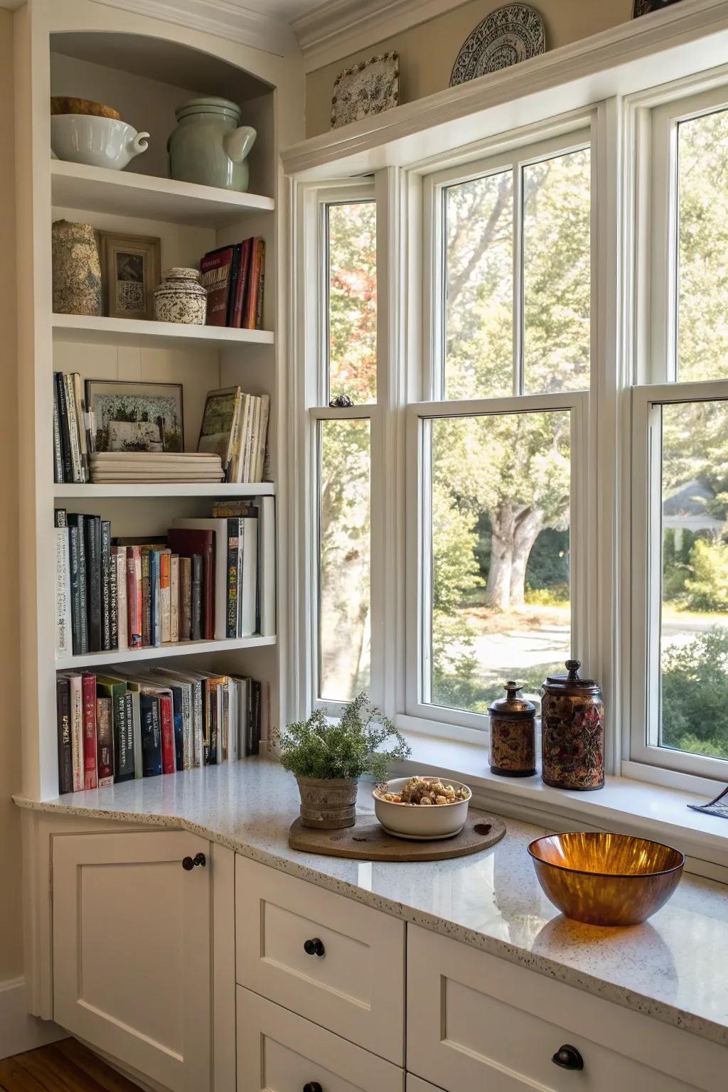 Stylish built-in shelves in your kitchen bay window.