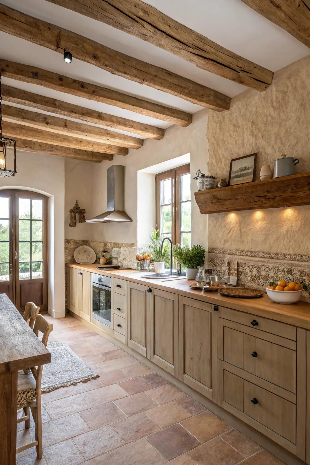 Neutral tones complement beams for a serene, natural look.