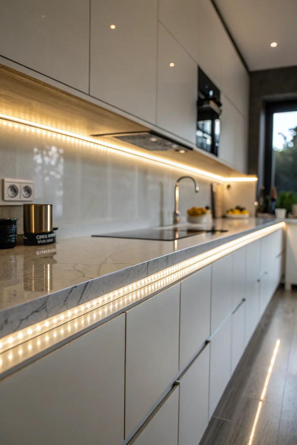 LED strip lighting on a bulkhead, illuminating a sleek kitchen countertop.