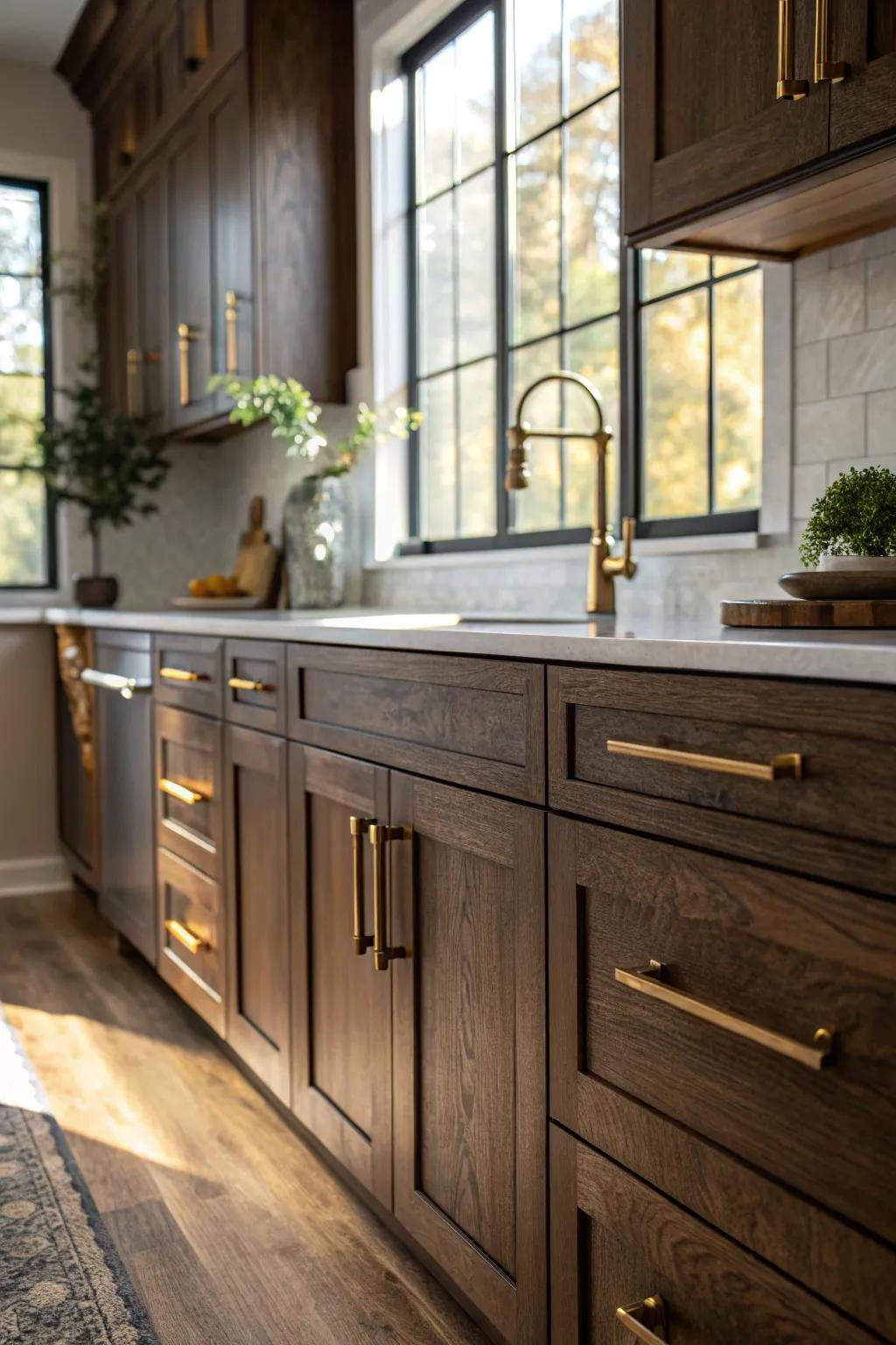 Brass hardware enriches warmth and classic appeal in kitchen areas.