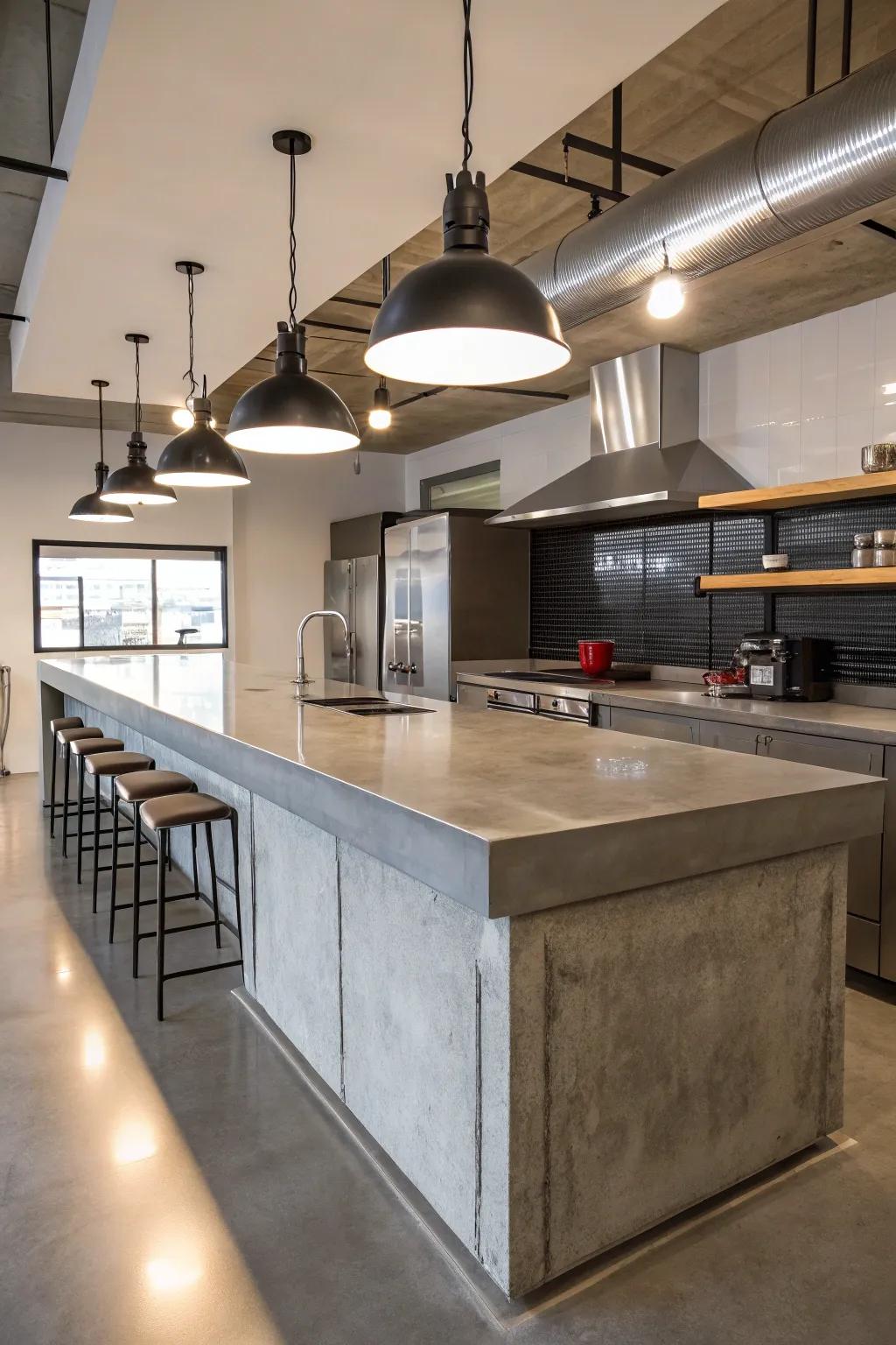 Concrete countertops provide a chic industrial edge.