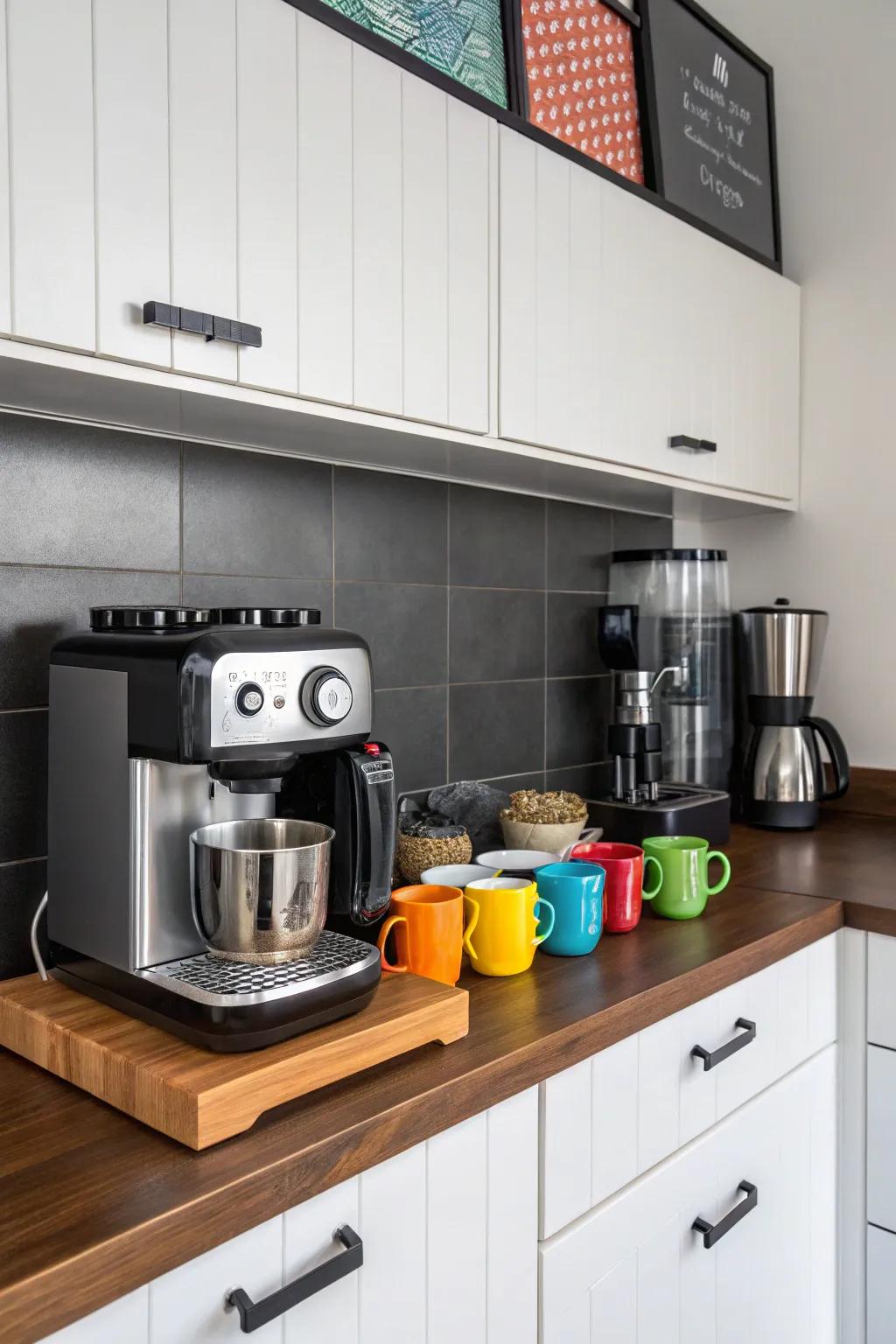 A striking coffee station leveraging contrasting tones and textures.
