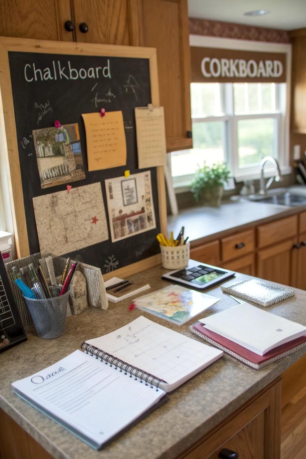 A kitchen desk area featuring a chalkboard for notes and personalization.
