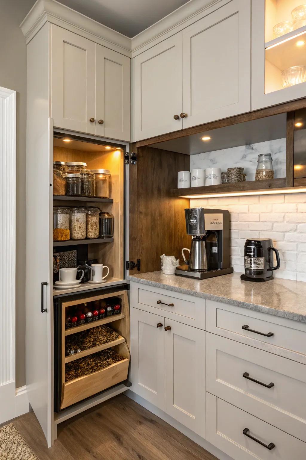 A concealed coffee preparation area maintains your morning routine organized.