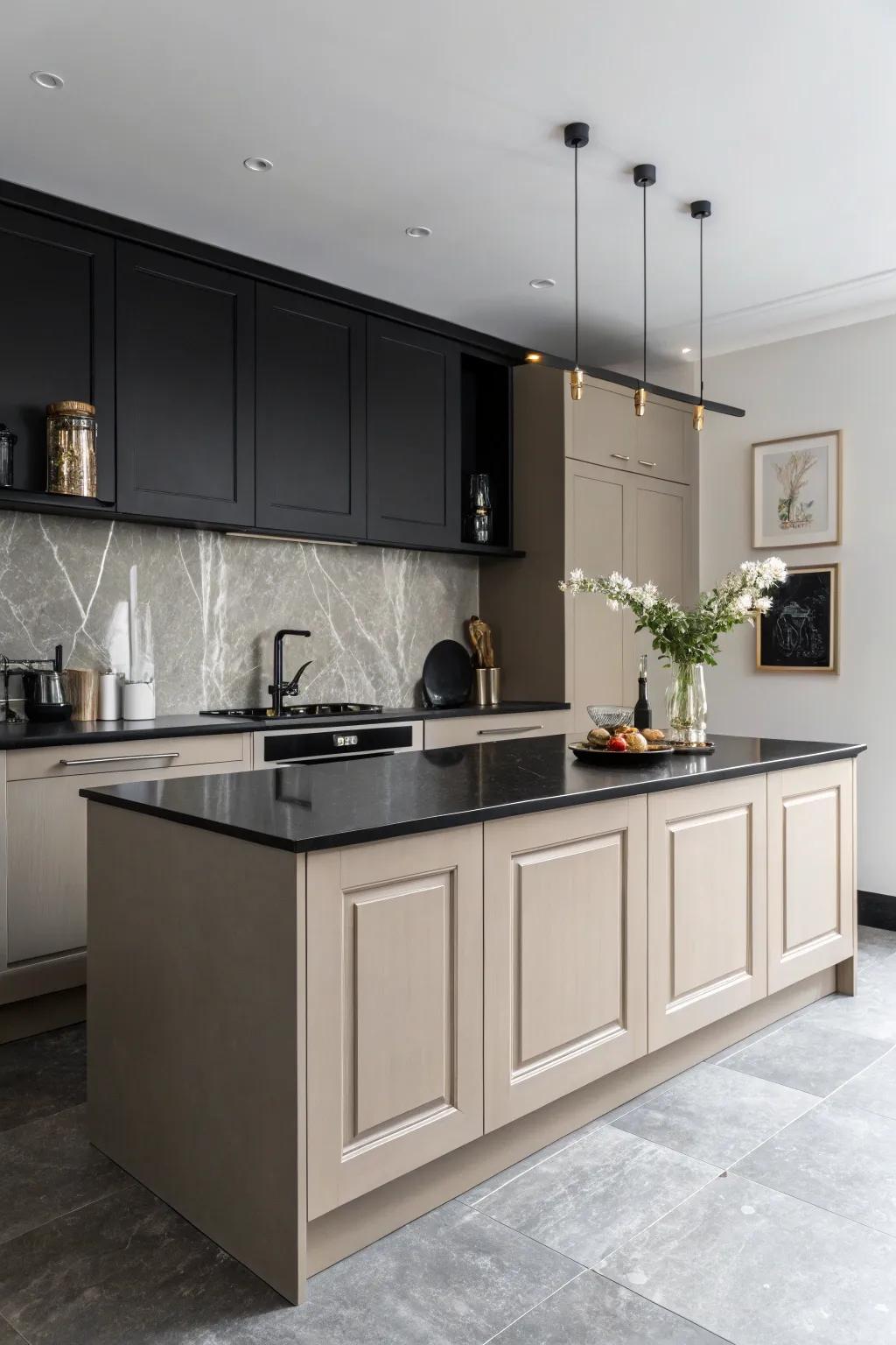 A sandstone kitchen island offers a neutral and refined focal point in this minimalist kitchen.