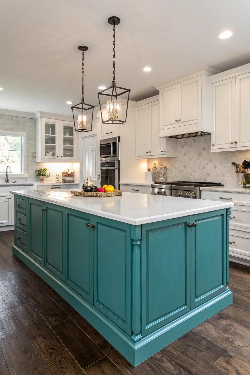 A kitchen with a vibrant teal island adding a coastal vibe against white cabinets.