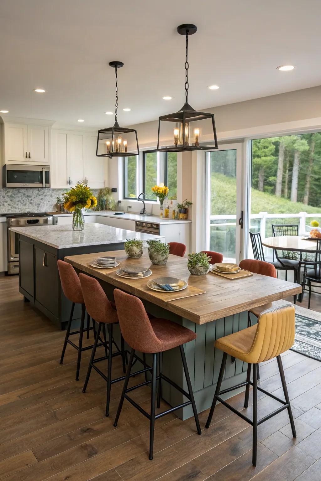 Varied seating around a kitchen island adds character.