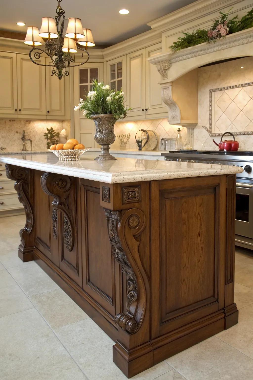 Island featuring classical corbels for an elegant architectural detail.