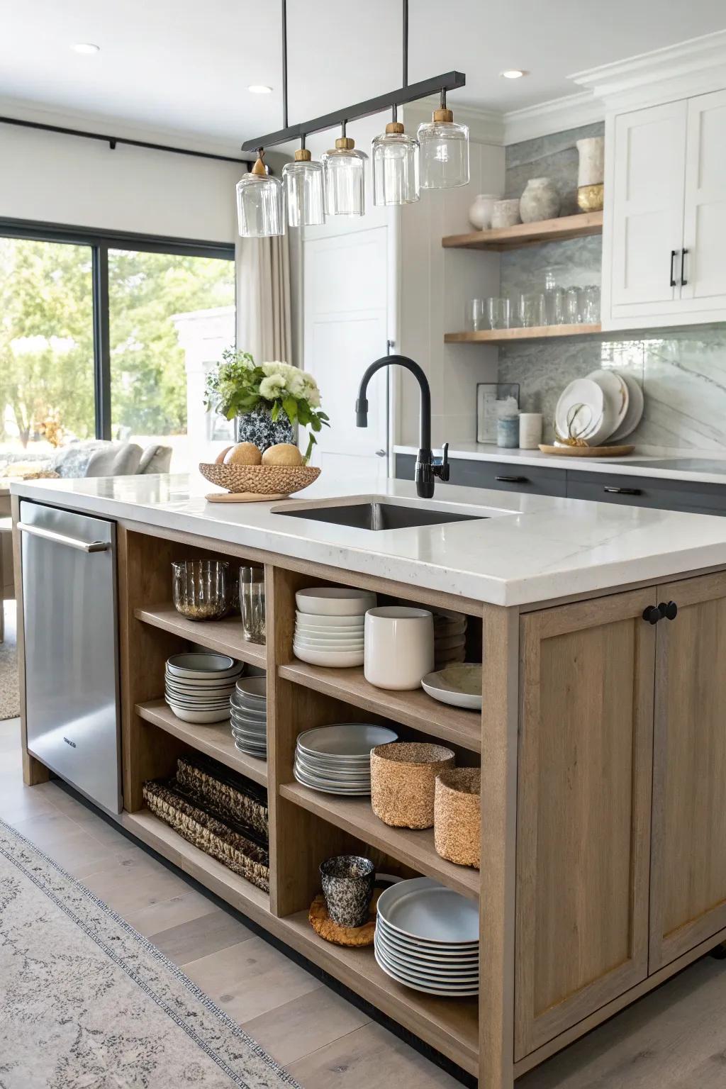 An innovative kitchen island featuring open shelving for style and function.