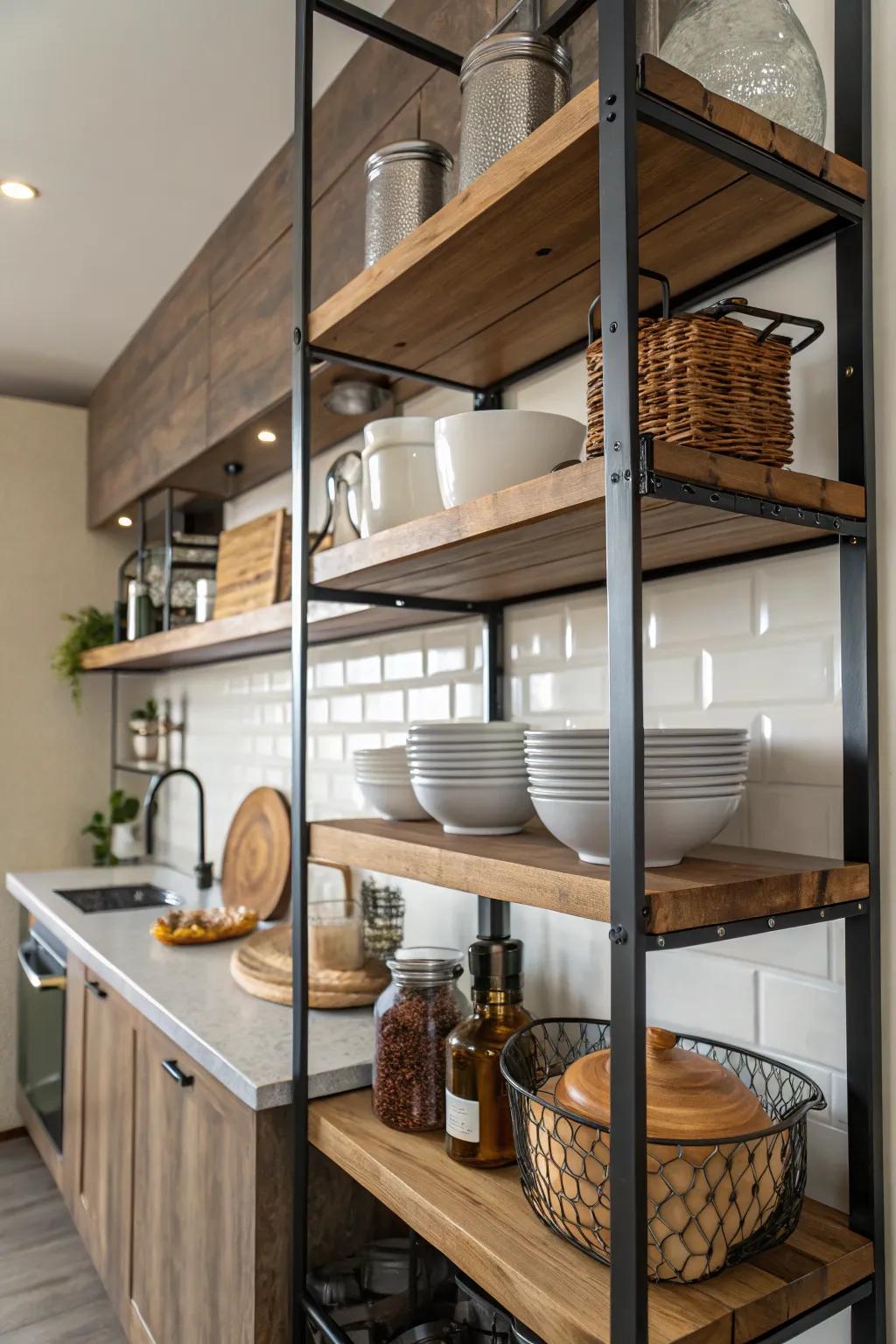 Combining surfaces and materials can elevate the visual appeal of kitchen racks.