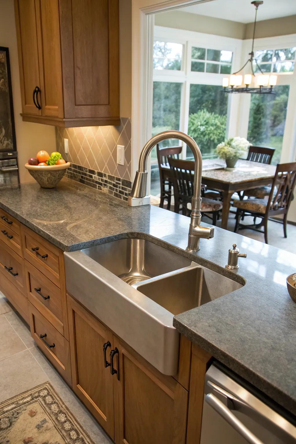 A bespoke kitchen featuring a uniquely shaped custom sink.