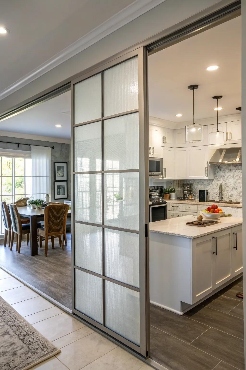 Etched glass panels provide light while maintaining a sense of privacy and elegance.