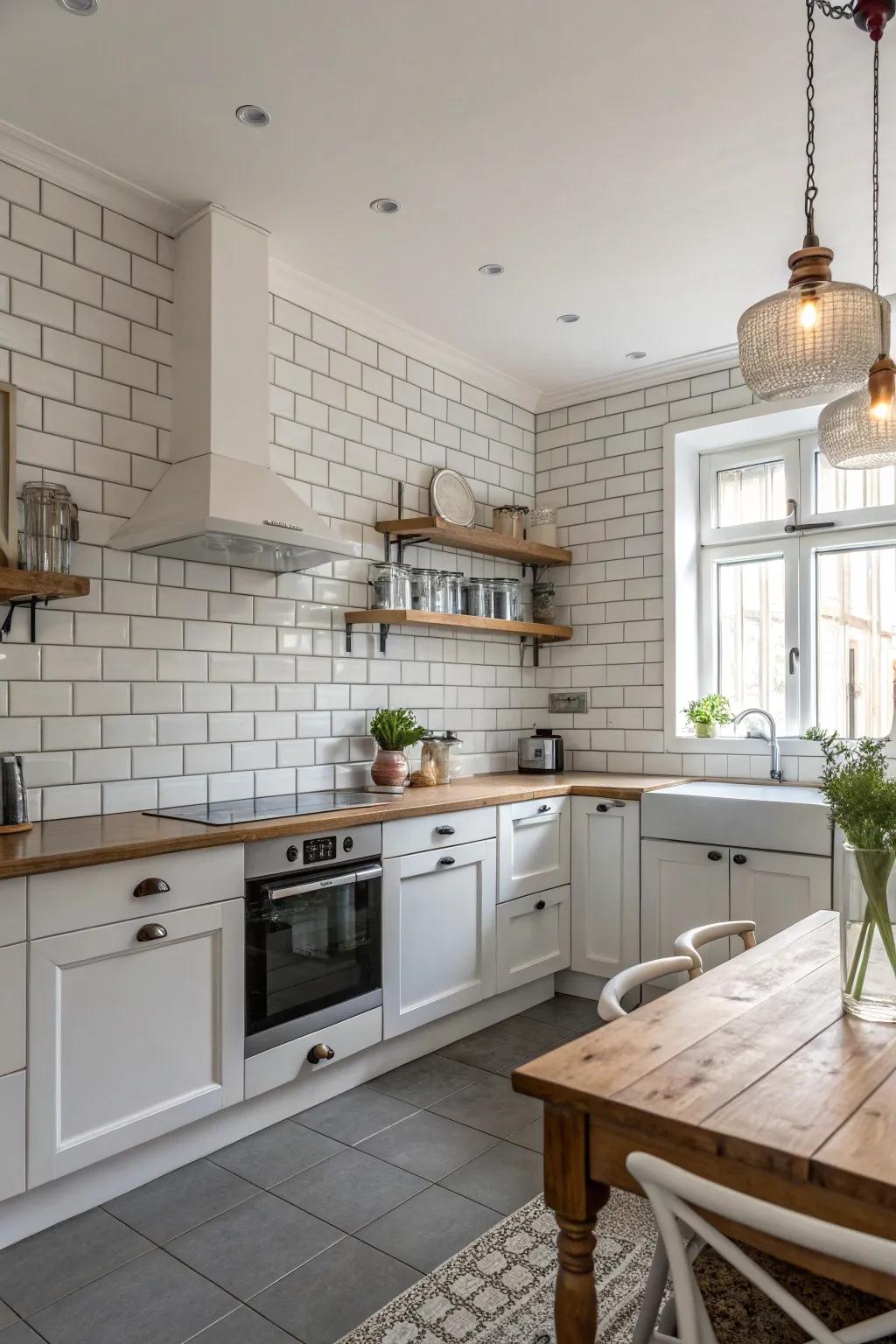 Quintessential ivory subway tiles provide an ageless visual for this cooking area.