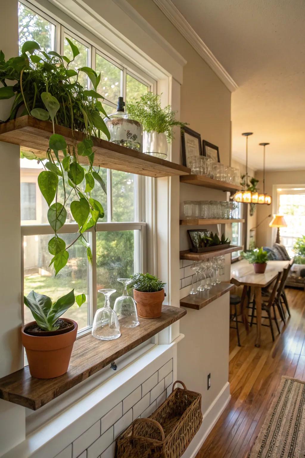 Shelves across windows beautifully maximize light and space.