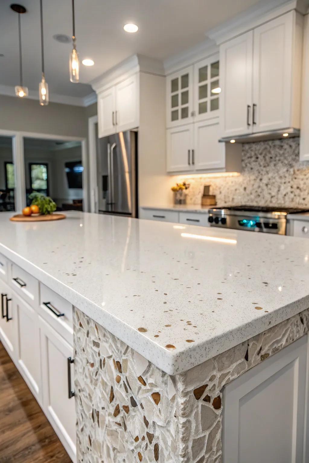 A mix of materials adds depth and texture to the white countertops in this kitchen.