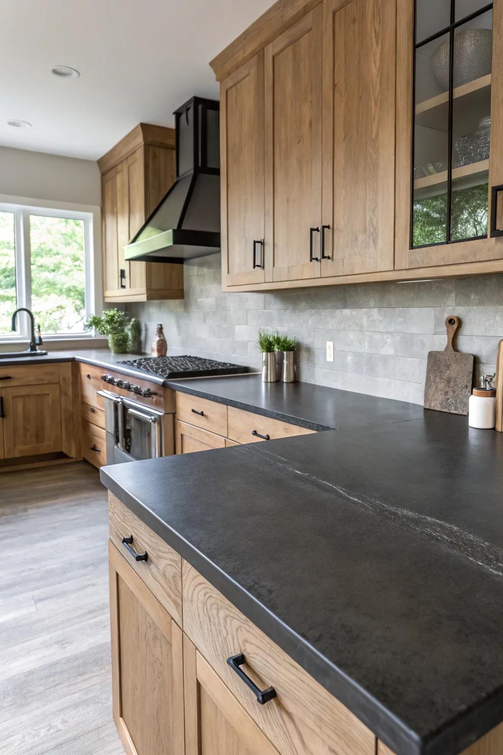 A sophisticated kitchen with dark-toned concrete countertops.