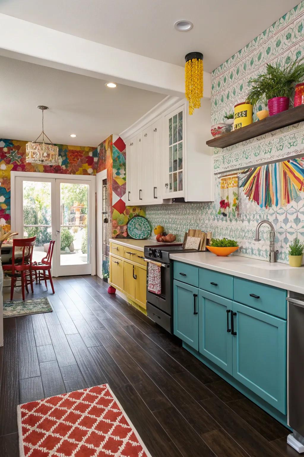 A pop of color adds vibrancy to this kitchen with dark floors.