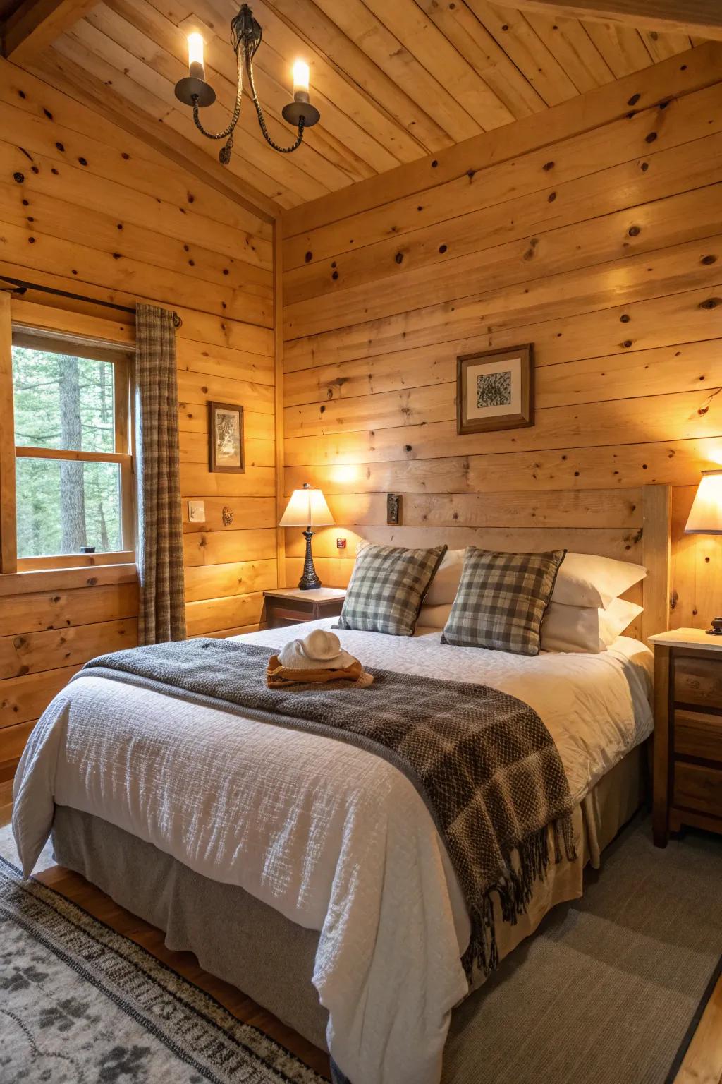 A snug cabin bedroom with plush bedding and knotty pine charm.