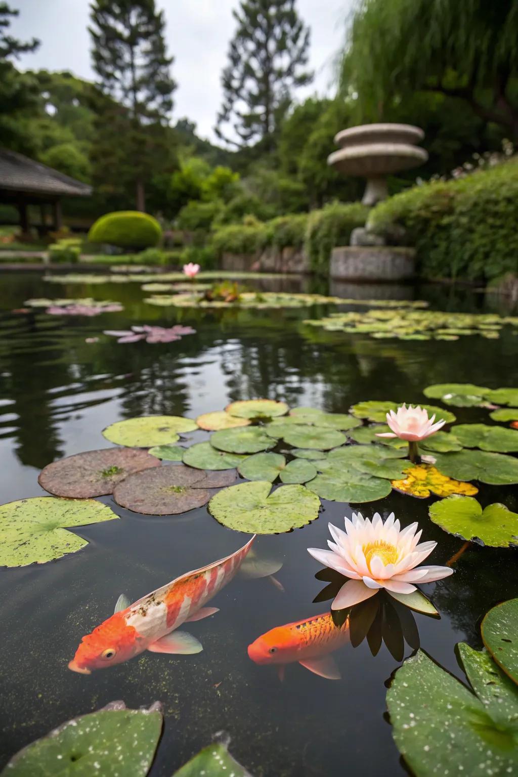A koi pond where water lilies form a picturesque, natural canopy.