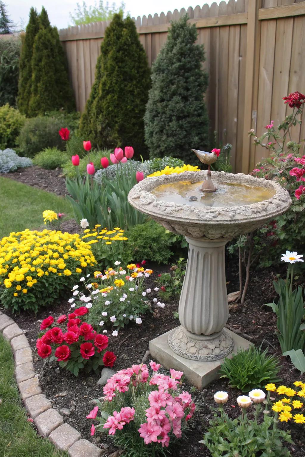 A garden bed enhanced by a charming birdbath focal point.