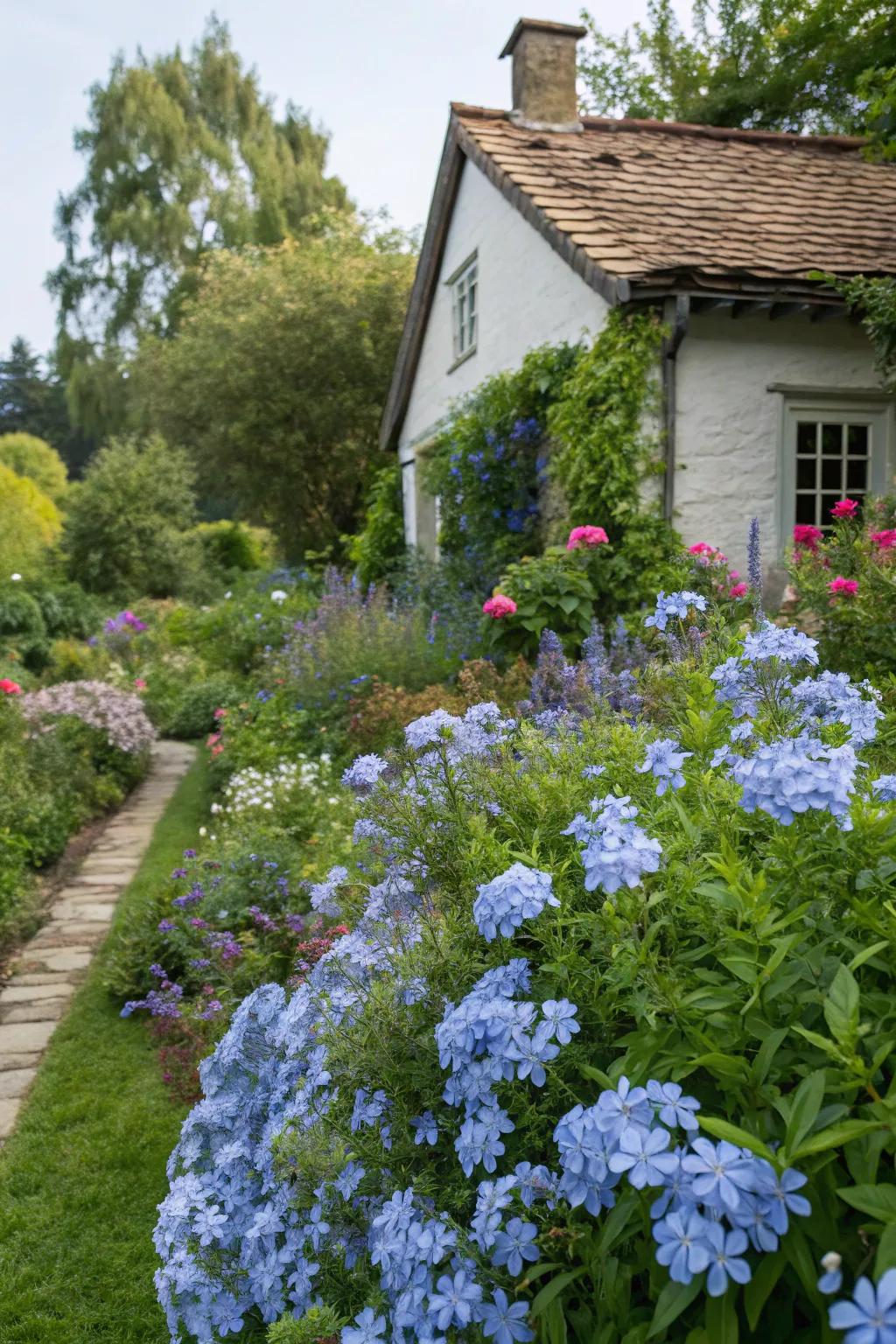 A charming cottage garden featuring blue plumbago flowers.
