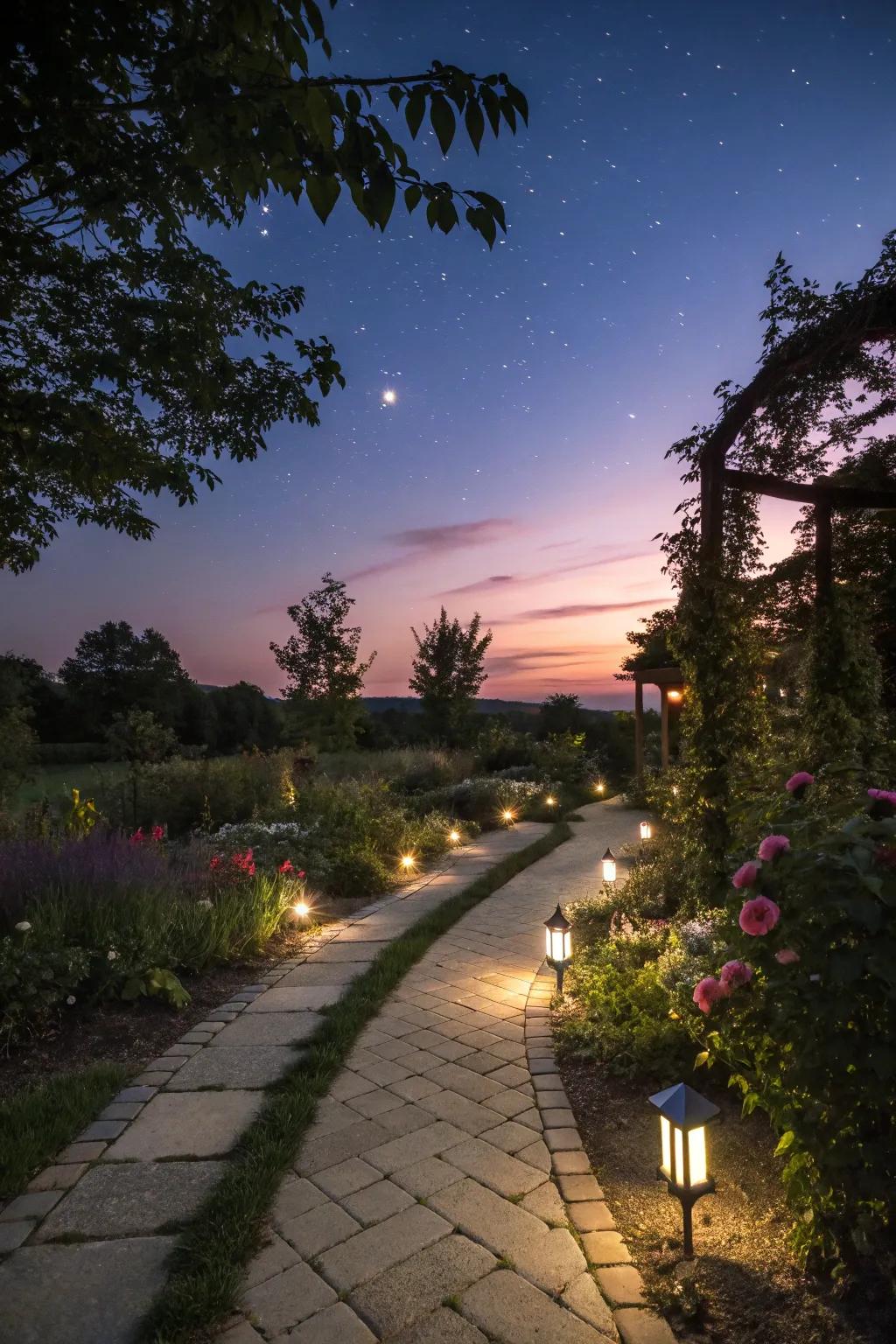 A garden pathway softly illuminated by eco-friendly solar lights.