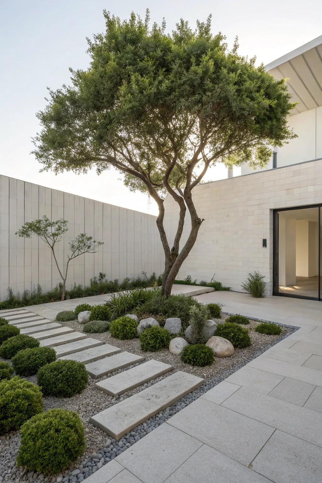 A tree with minimalist landscaping, offering a modern and clean aesthetic.