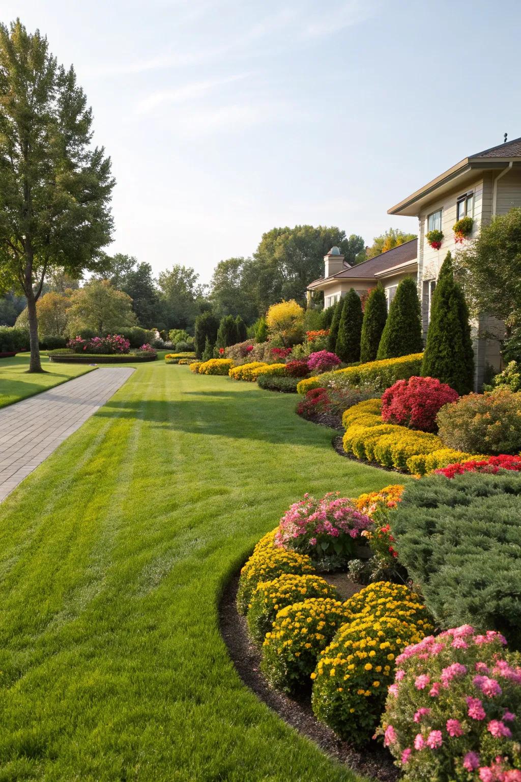 A lush, green lawn serves as the quintessential backdrop for adjacent plantings.