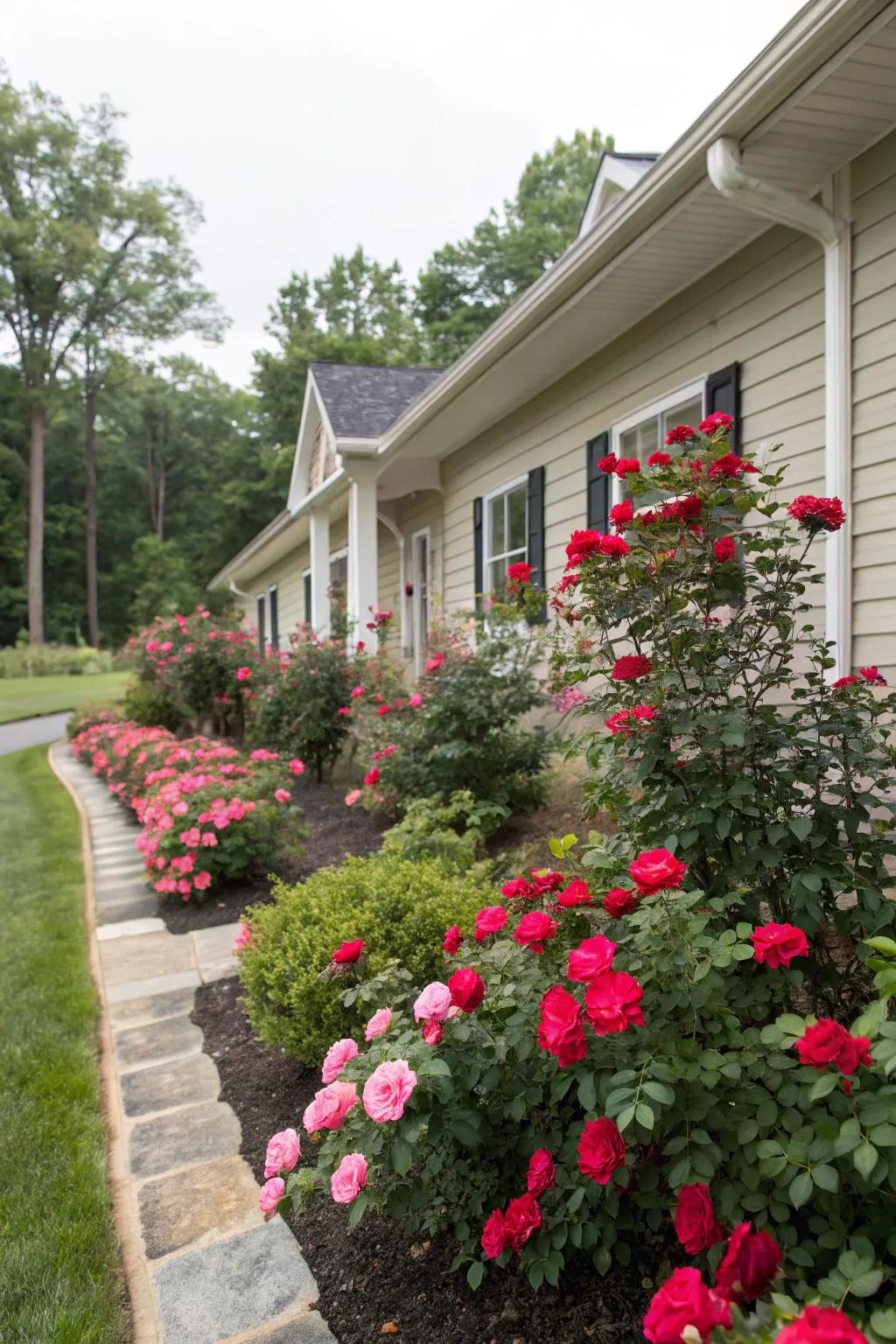 Knockout roses as foundation plantings for a floral backdrop.