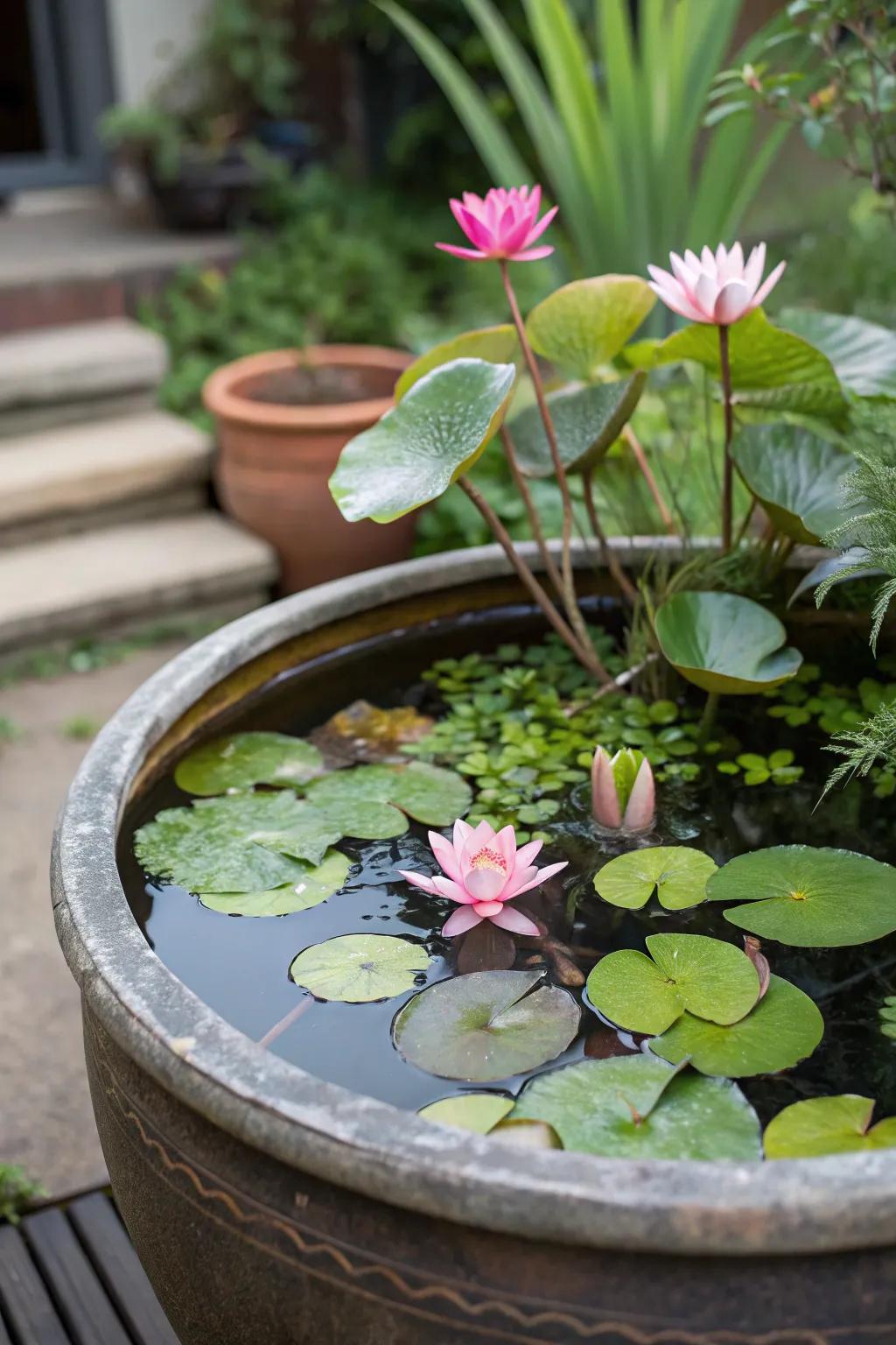 A tranquil water garden fashioned from a simple planter.