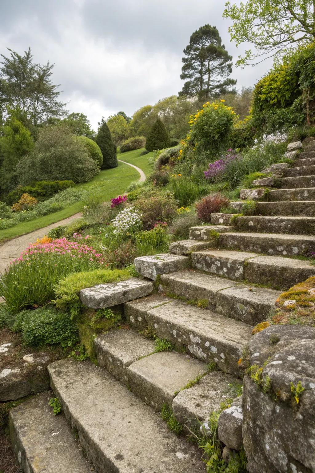 Stone steps effortlessly integrate into sloped gardens.
