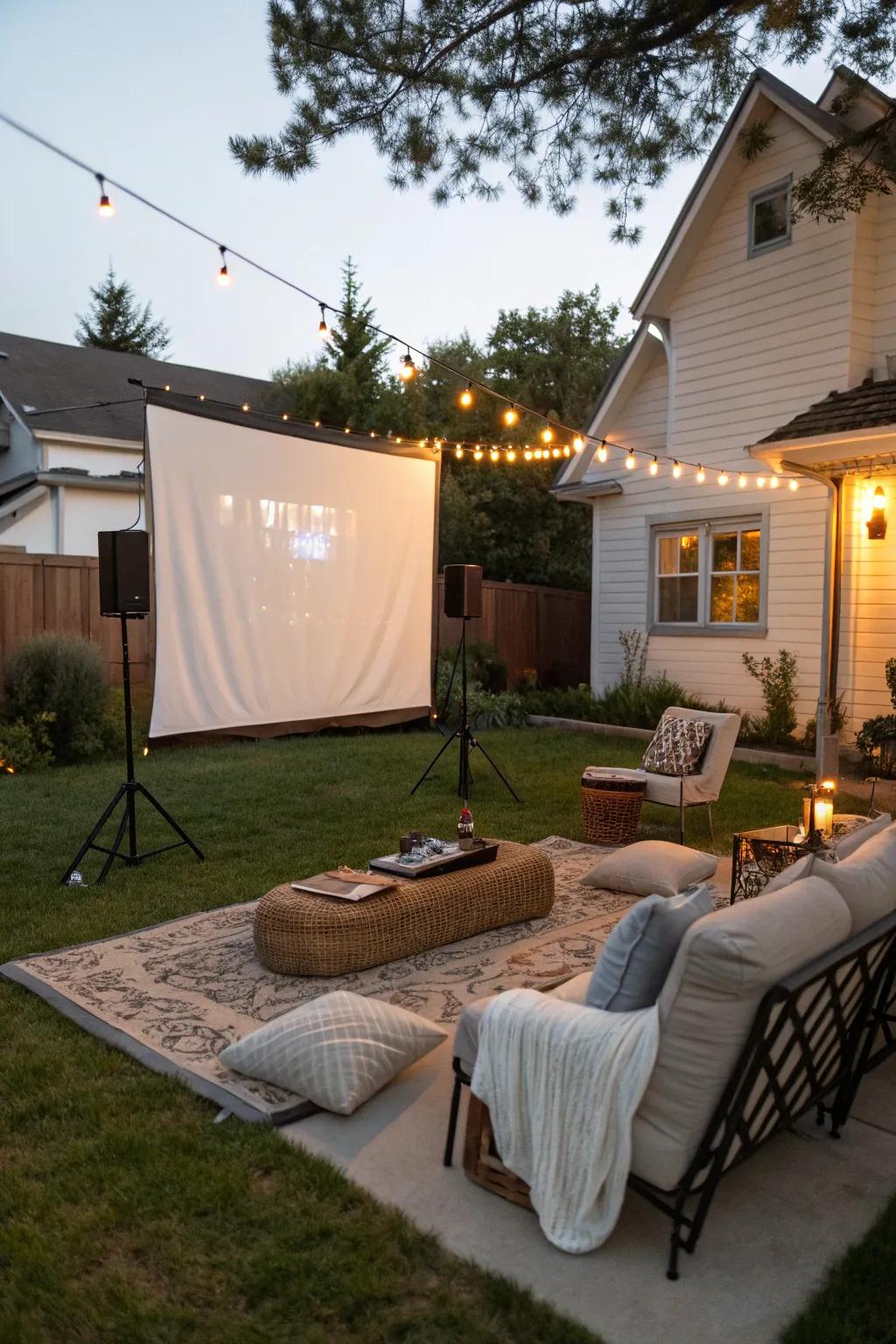 An outdoor movie screen transforms your backyard into a cinema under the stars.
