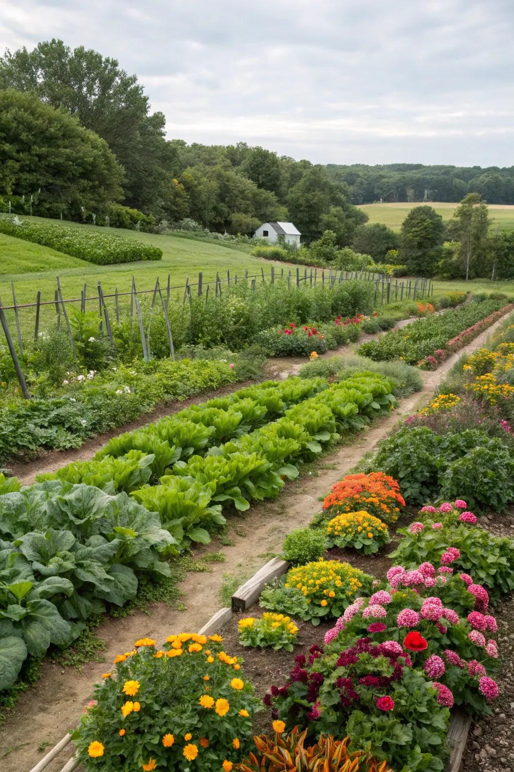 A flourishing vegetable and flower garden in full bloom.